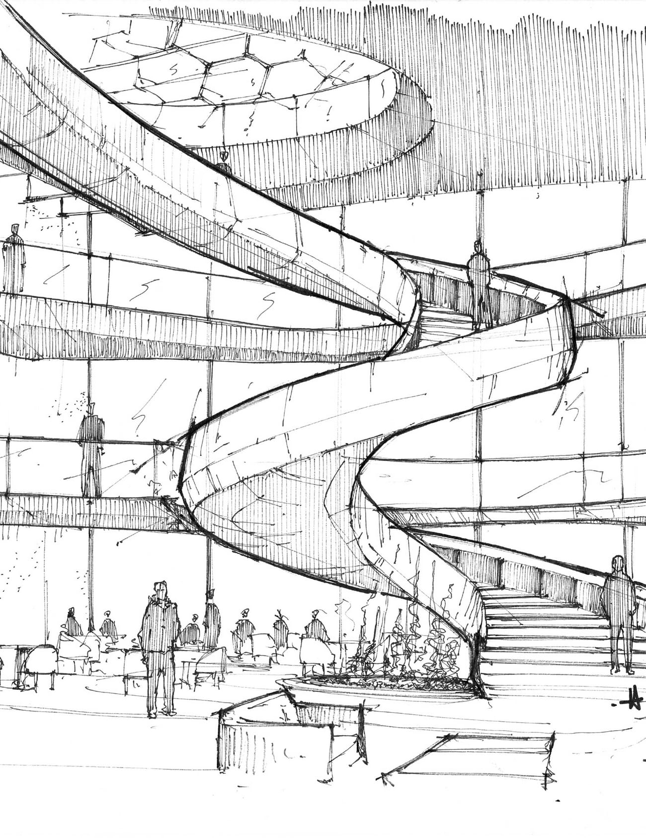 Croquis d'un escalier hélicoïdal dans un lieu de réception