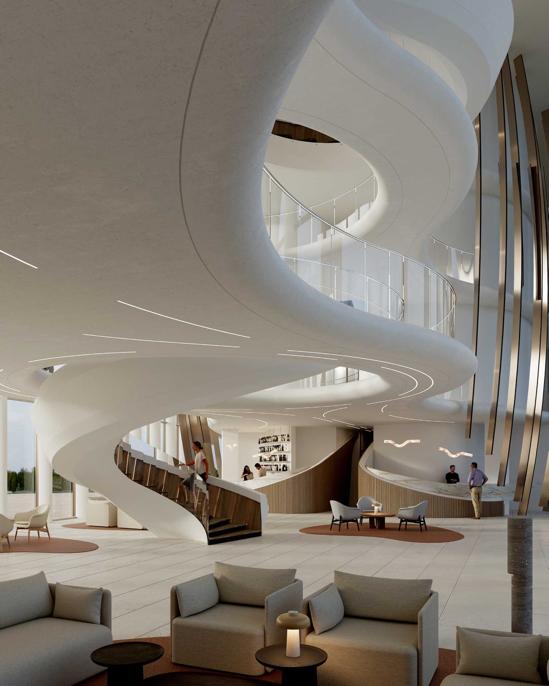 Intérieur aux courbes blanches et escalier suspendu