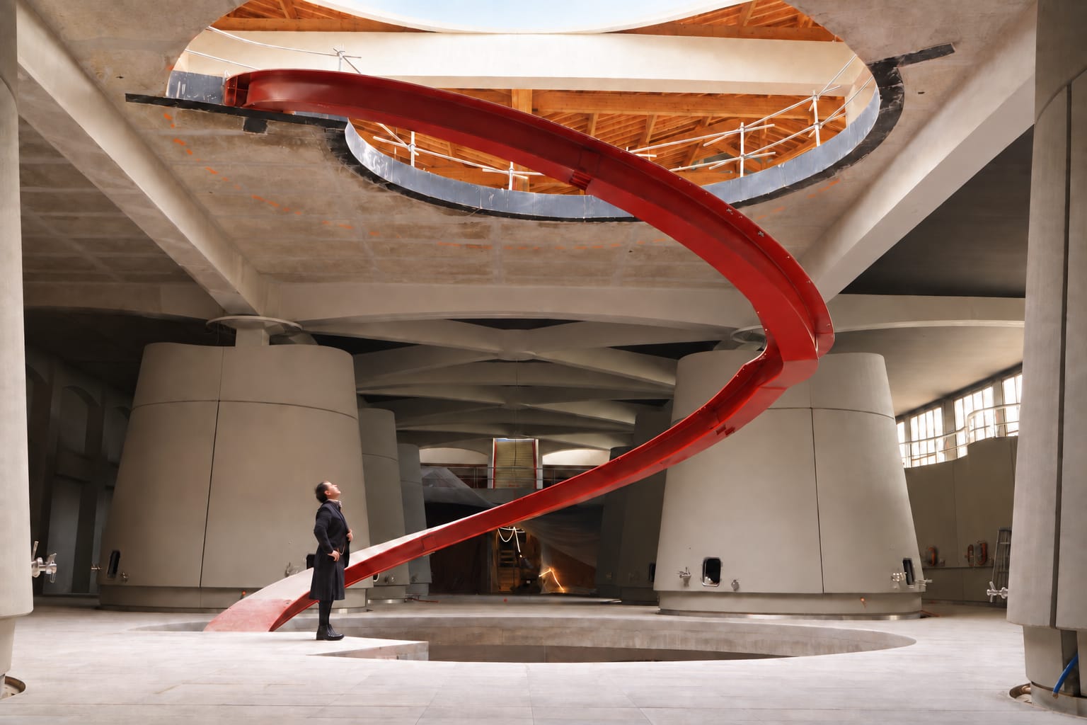 Olivier Chadebost au pied d'un escalier rouge suspendu, dans un chai en construction