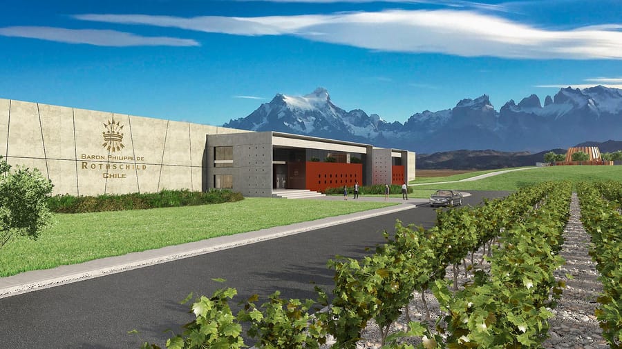 Bâtiment contemporain du domaine Baron Philippe de Rothschild Chile bordé par des rangs de vignes, devant des montagnes enneigées