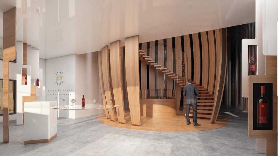 Espace d'accueil contemporain avec escalier hélicoïdal en bois et comptoir de dégustation de vin, BPHR Maipo au Chili