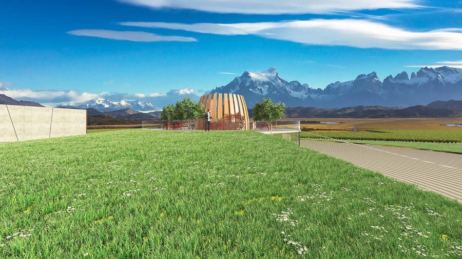 Pavillon contemporain en bois installé sur une terrasse végétalisée face à une vaste chaîne de montagnes enneigées