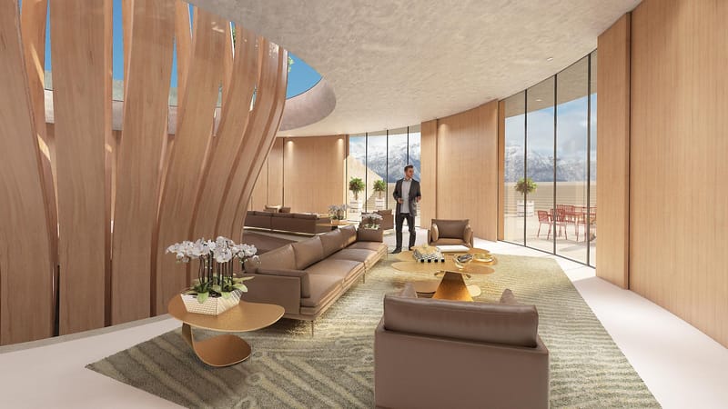 Salon contemporain aux structures en bois, équipé d'un canapé en cuir et de baies vitrées ouvrant sur les montagnes