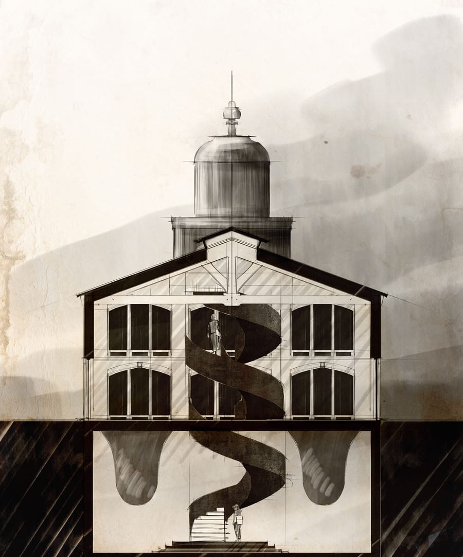 Coupe architecturale d'un bâtiment surmonté d'un clocher avec un escalier hélicoïdal menant en sous-sol, pour le Château Angélus