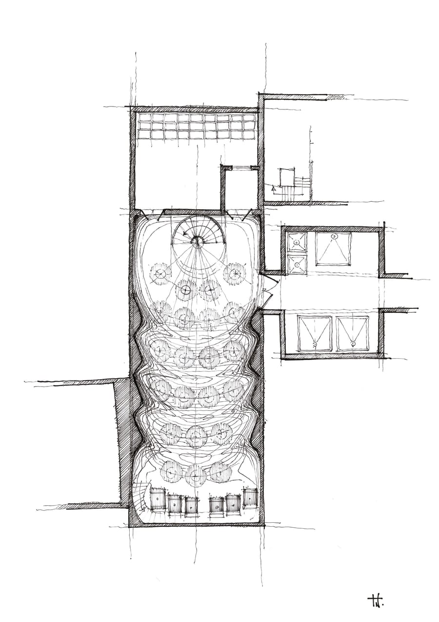 Croquis d'architecte dessiné à la main présentant le plan d'aménagement d'un chai viticole, Château Angélus à Saint-Émilion