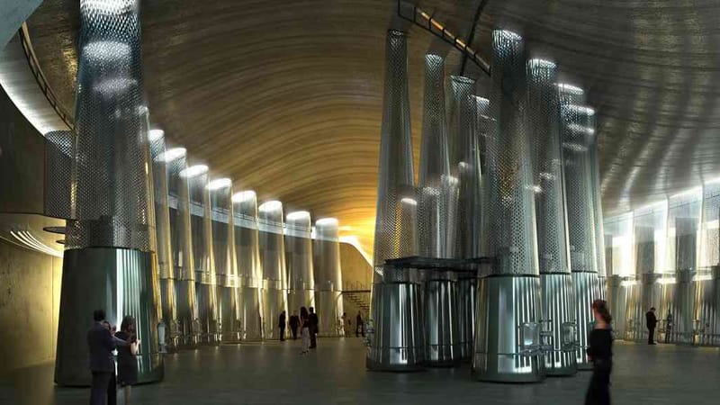 Symmetrical alignment of curved concrete vats in a bright, modern winery, Château Cheval Blanc in Saint-Émilion