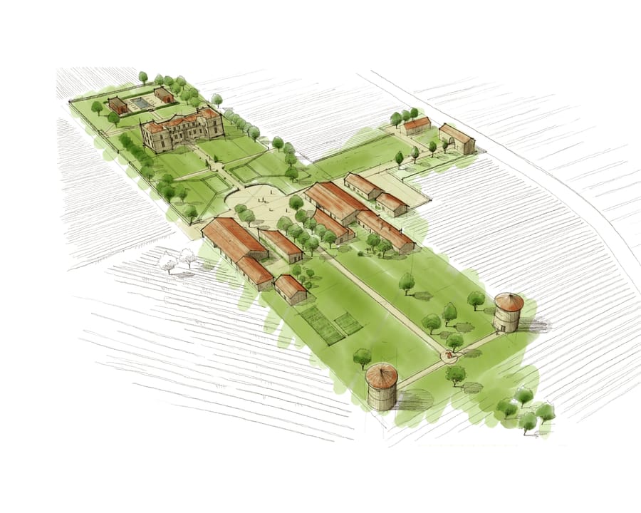 Esquisse aérienne du domaine, en couleur