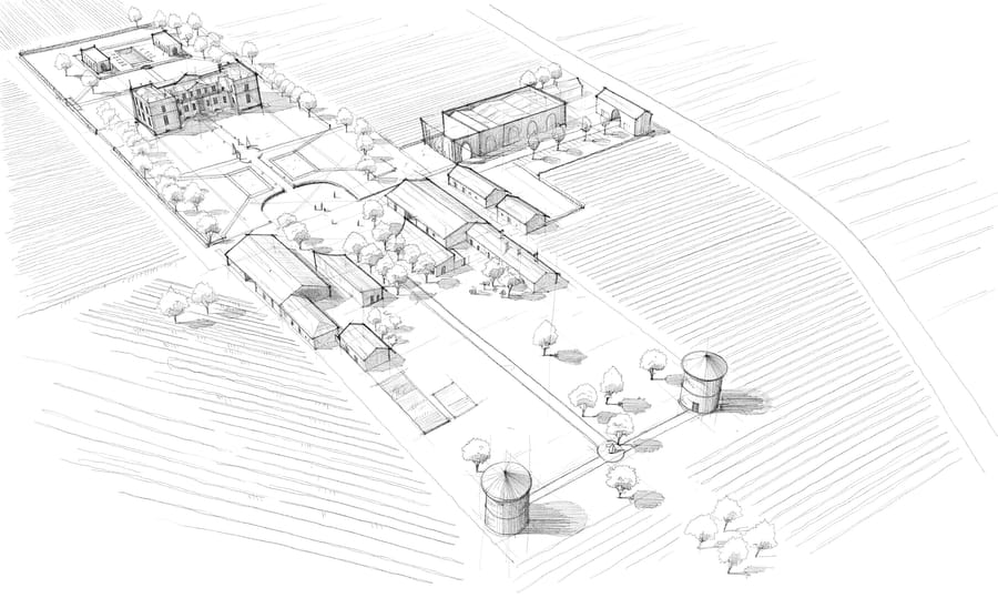 Esquisse aérienne du domaine, au trait
