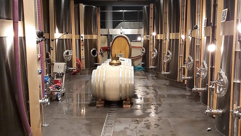 Grandes cuves métalliques et barriques de bois alignées au centre d'une cuverie, dans un domaine viticole à La Gaude