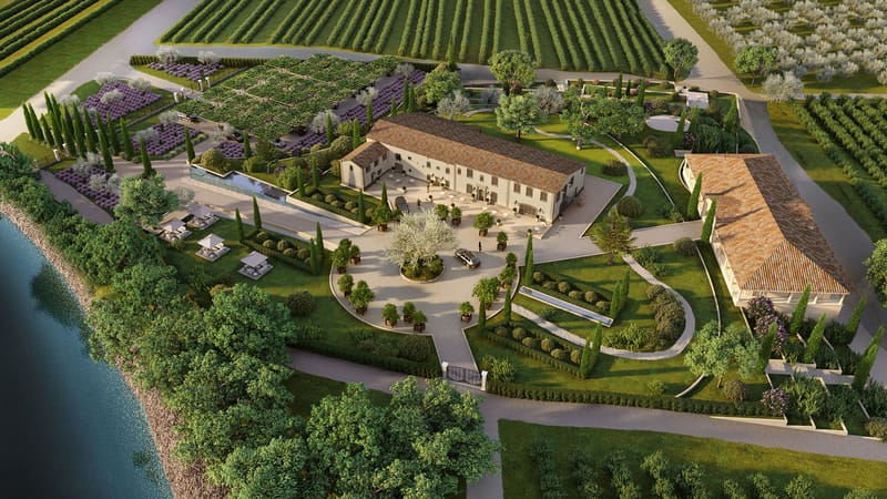 Domaine provençal avec bastide, jardins paysagers, cour circulaire et champs de lavande vus du ciel, en Provence