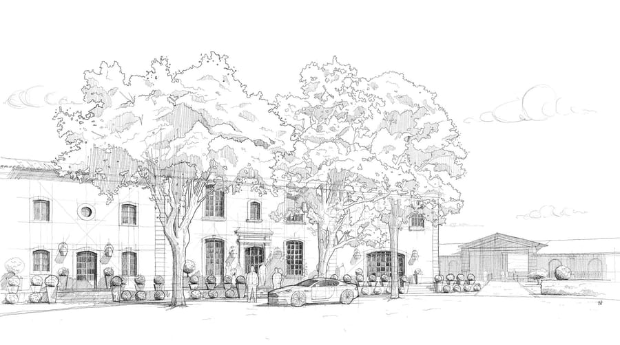 Façade d'une demeure avec de grands arbres, une voiture stationnée et des arbustes taillés au Château de Fonscolombe