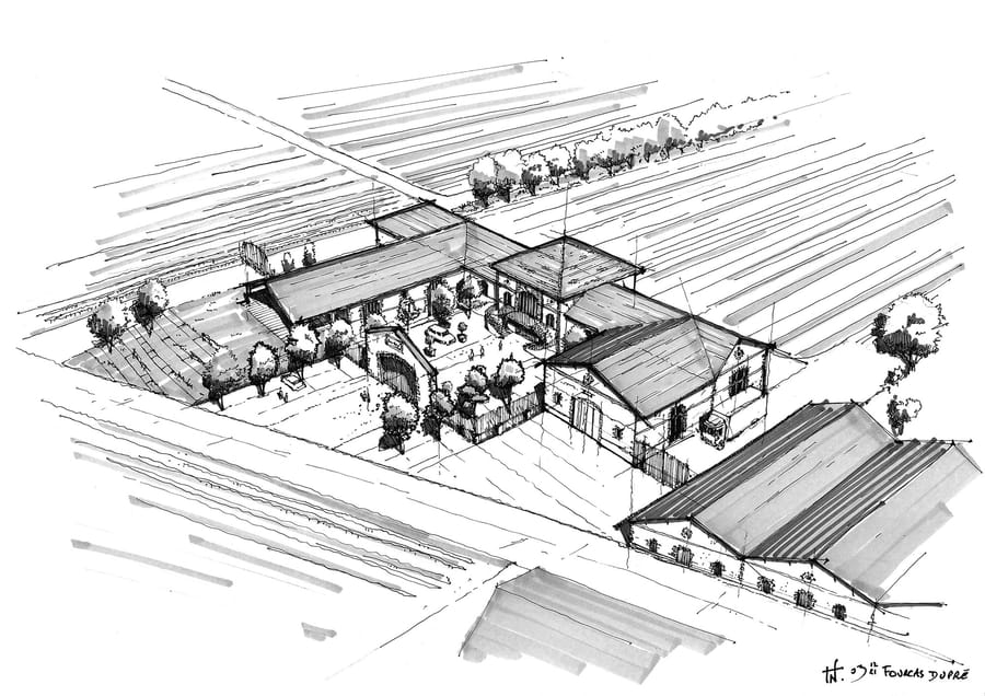 Bâtiments et cour intérieure du domaine viticole Fourcas Dupré dessinés en perspective aérienne, à Listrac-Médoc