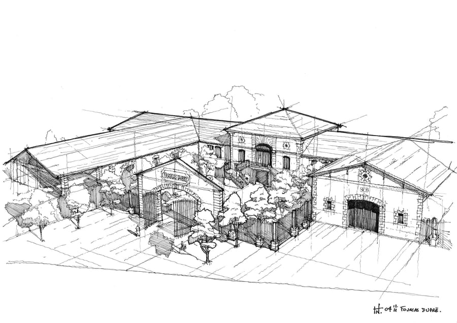 Croquis architectural en perspective de la cour et des bâtiments du Château Fourcas Dupré, à Listrac-Médoc