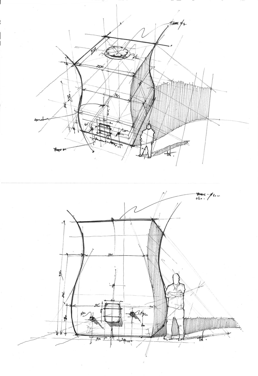 Croquis d'architecture annotés représentant la vue en perspective d'une structure courbe avec échelle humaine, Château Fourcas Dupré à Listrac-Médoc