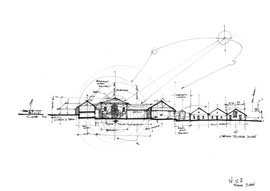Croquis d'architecture dessiné à la main présentant une coupe transversale des bâtiments du Château Fourcas Dupré et ses annotations