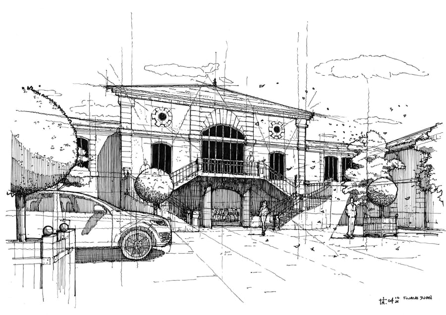 Croquis d'architecture de la façade du Château Fourcas Dupré avec son escalier double, à Listrac-Médoc
