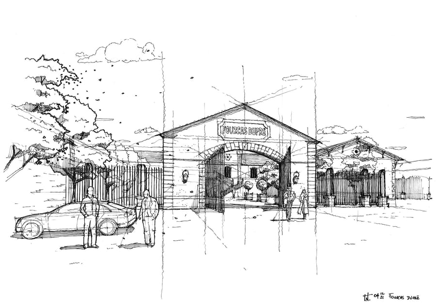 Croquis d'architecture du grand porche d'entrée du Château Fourcas Dupré animé de quelques personnages, à Listrac-Médoc