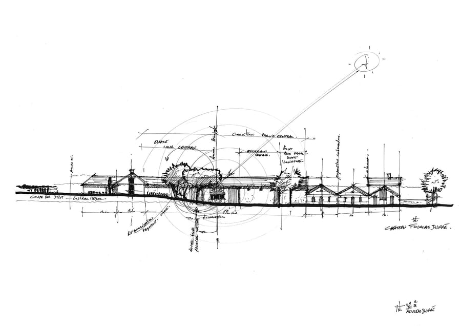 Croquis d'architecture en noir et blanc représentant le projet d'aménagement des bâtiments du Château Fourcas Dupré, à Listrac-Médoc