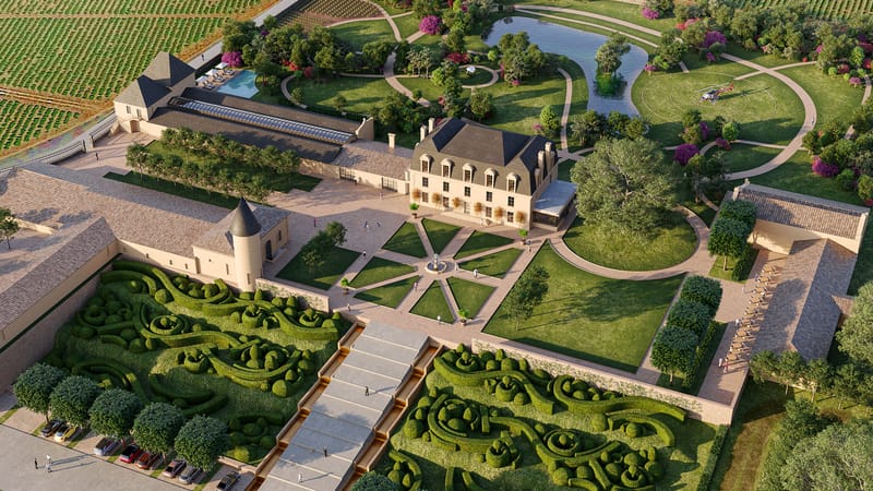 Vue aérienne d'un domaine comprenant un château, des jardins à la française, une piscine et des vignes, Château Guiraud à Sauternes
