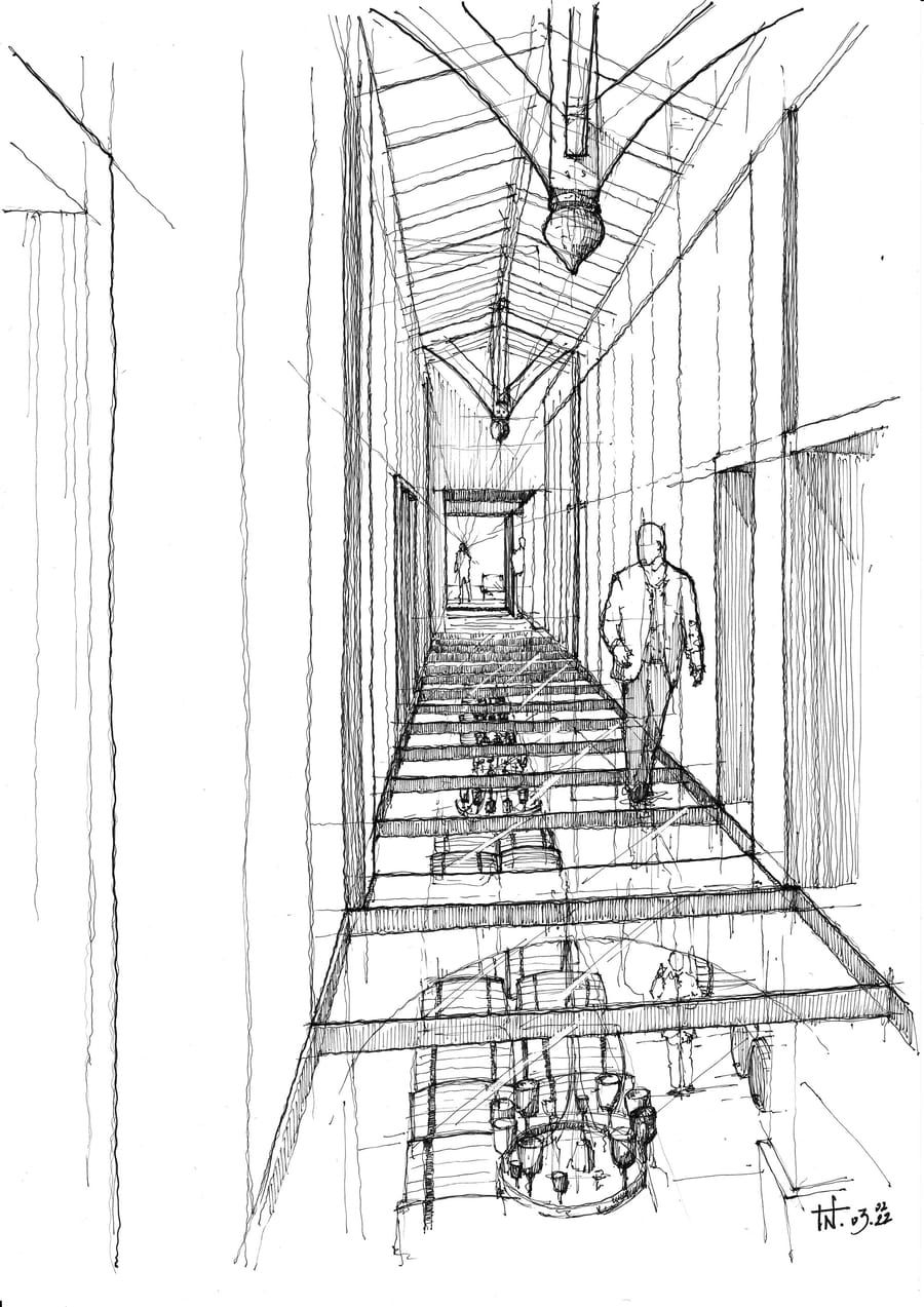 Croquis d'architecture d'un long couloir avec sol en verre surplombant un chai à barriques dans un domaine viticole, Château Guiraud à Sauternes