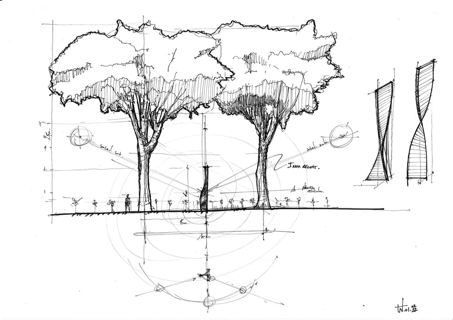 Croquis d'architecture paysagère représentant deux grands arbres autour d'une sculpture verticale avec des annotations manuscrites au Château Guiraud