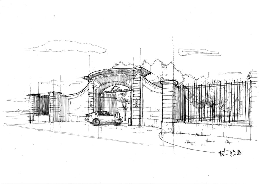 Croquis d'architecture représentant un portail d'entrée monumental en pierre et ses grilles, réalisé pour un projet, Château Guiraud à Sauternes
