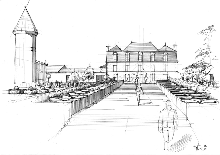 Croquis perspectif d'un château avec une tour ronde et une allée centrale parcourue par des piétons, Château Guiraud à Sauternes