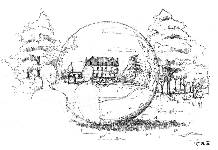 Dessin d'architecte à l'encre montrant une sphère installée dans un parc boisé face à un château au Château Guiraud