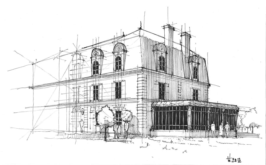 Dessin architectural à l'encre montrant la façade d'une grande demeure avec verrière au Château Guiraud