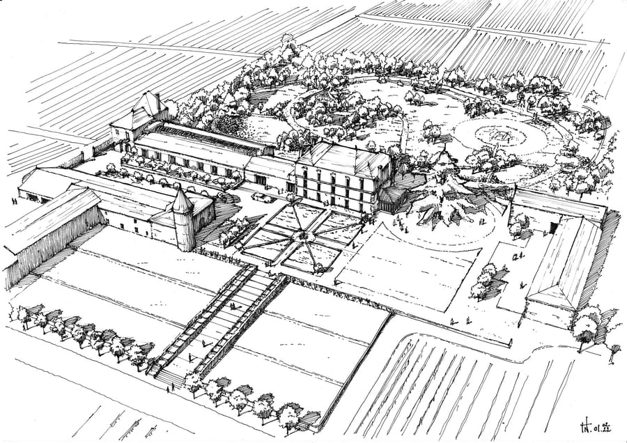 Vue globale en perspective d'un domaine architectural entouré de jardins structurés et de parcelles agricoles, Château Guiraud à Sauternes