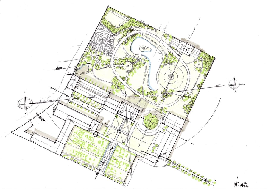 Plan d'aménagement paysager dessiné à la main présentant des bâtiments, des jardins et un bassin au Château Guiraud