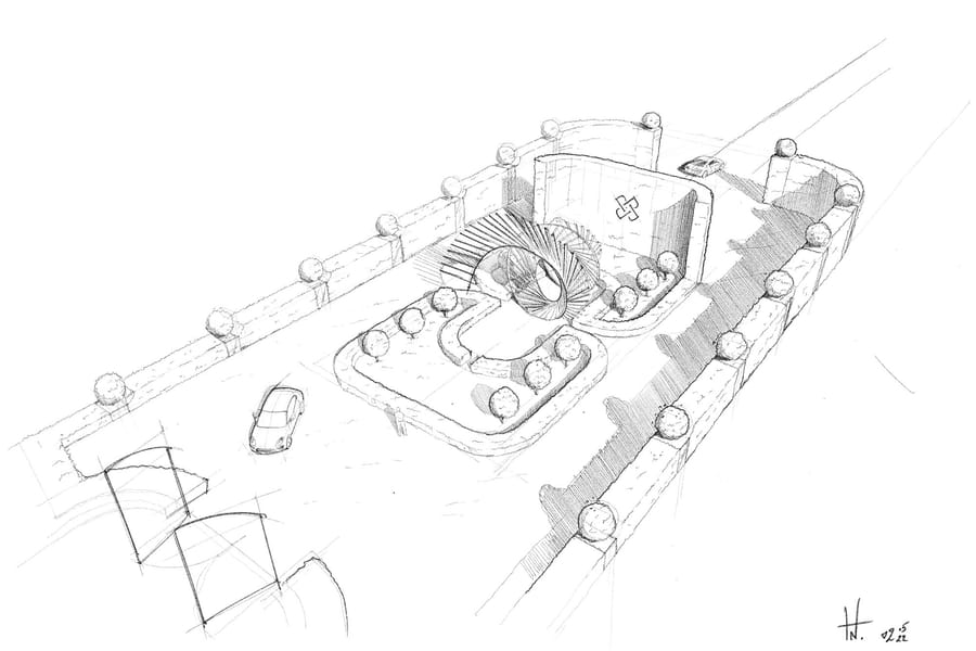 Croquis d'architecture au crayon d'un aménagement paysager extérieur avec sculpture centrale et voies d'accès, Château Plain Point à Fronsac