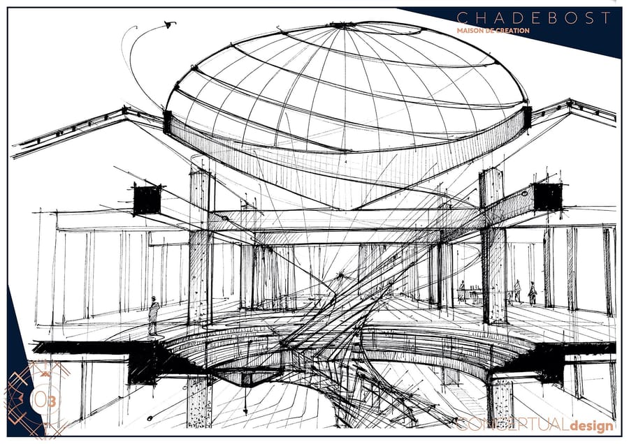 Croquis d'architecture en noir et blanc montrant l'intérieur d'un bâtiment avec un grand dôme, par l'agence Chadebost, Château Plain Point à Fronsac