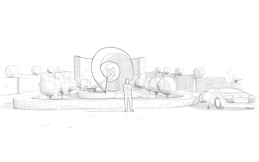 Croquis au crayon d'un projet d'aménagement paysager avec une sculpture monumentale en spirale et des arbres, pour une agence d'architecture, Château Plain Point à Fronsac