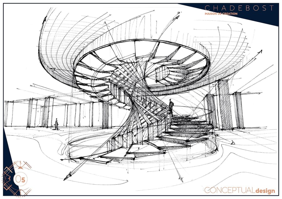 Dessin d'architecture au crayon d'un escalier hélicoïdal conceptuel réalisé par l'agence Chadebost, Château Plain Point à Fronsac