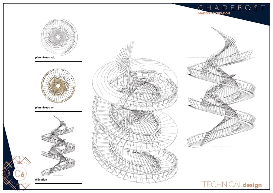 Plans architecturaux et modélisation en 3D d'un escalier hélicoïdal par la maison Chadebost, Château Plain Point à Fronsac