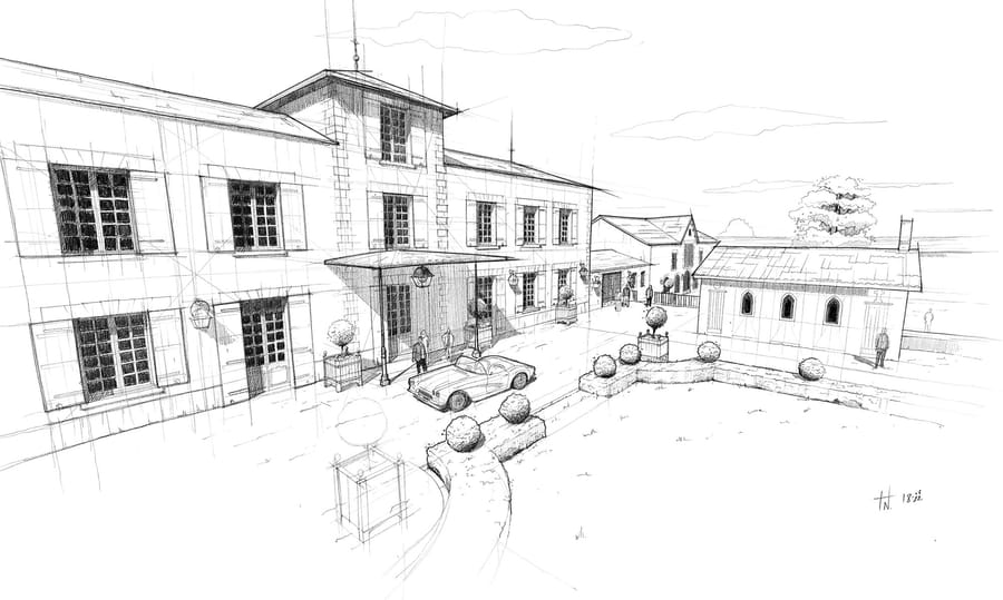 Croquis d'architecture présentant la cour d'un château et une voiture ancienne garée devant l'entrée, Château Tour Prignac dans le Médoc