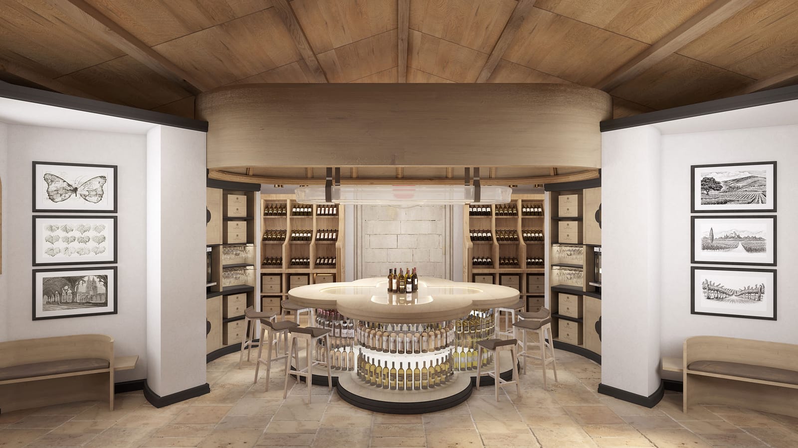 Salle de dégustation de vin avec un comptoir central illuminé, des tabourets hauts et des étagères murales en bois, Château Tour Prignac dans le Médoc