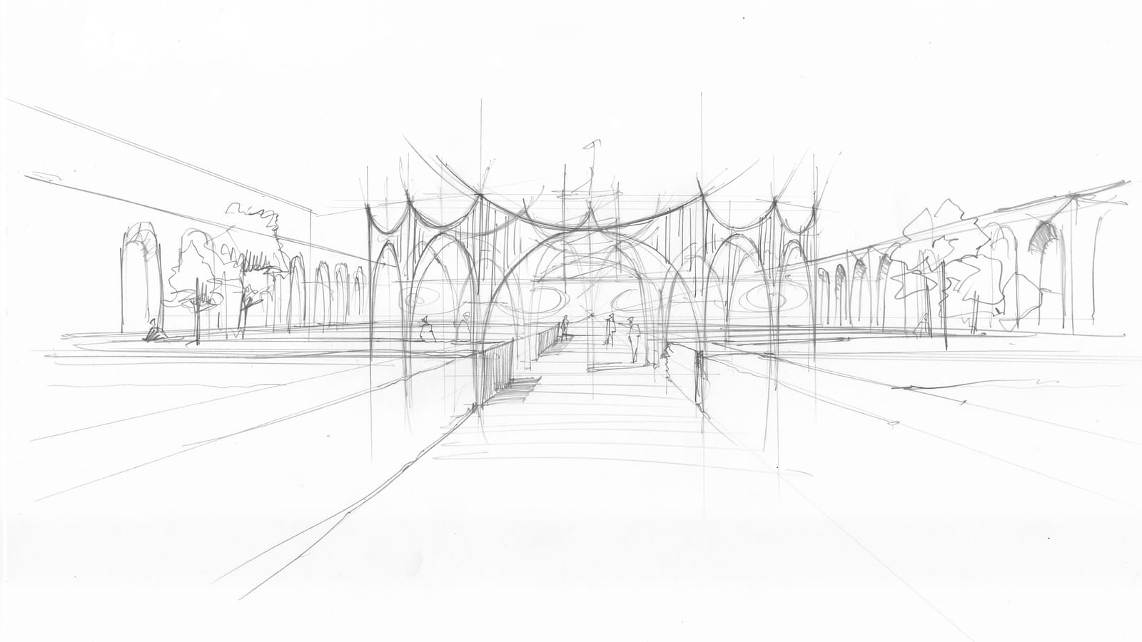 Perspective drawing of a landscaped garden along an arcaded building, architectural project for Georgian WS in Georgia.