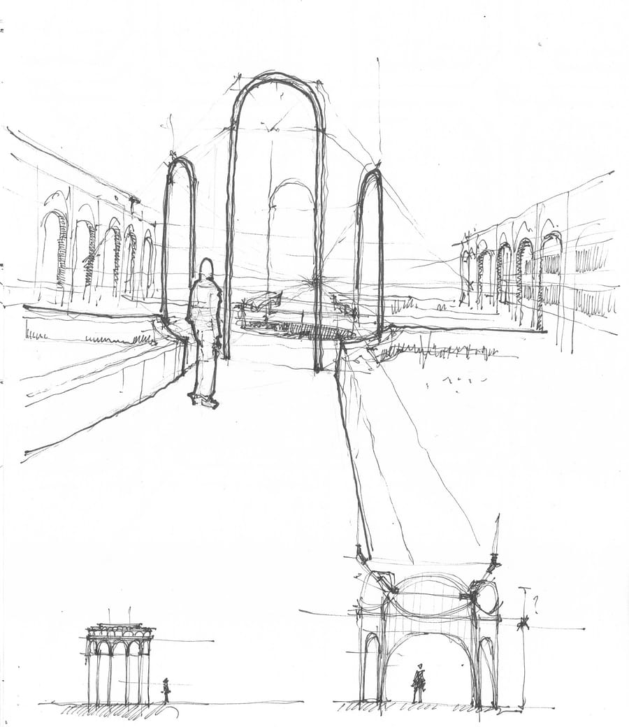 Croquis d'architecture au crayon représentant une perspective avec de grandes arches, des colonnades et des silhouettes humaines