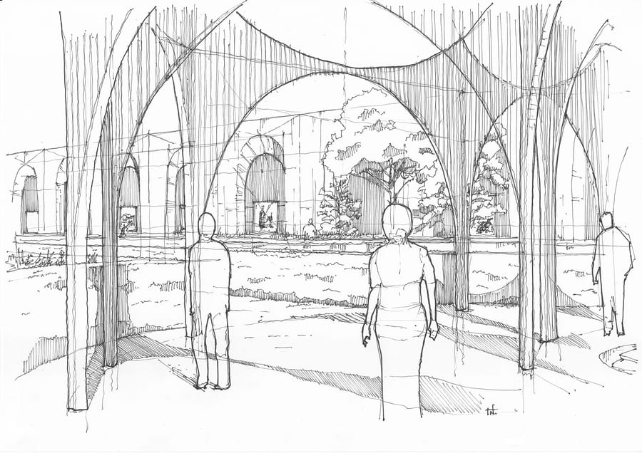 Croquis d'architecture en perspective d'une structure voûtée ouverte sur une cour arborée, avec des silhouettes de visiteurs au premier plan