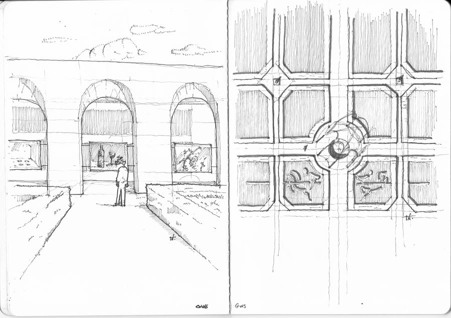 Dessin d'architecte représentant une personne devant une peinture sous des arcades et un plan géométrique, Georgian WS en Géorgie