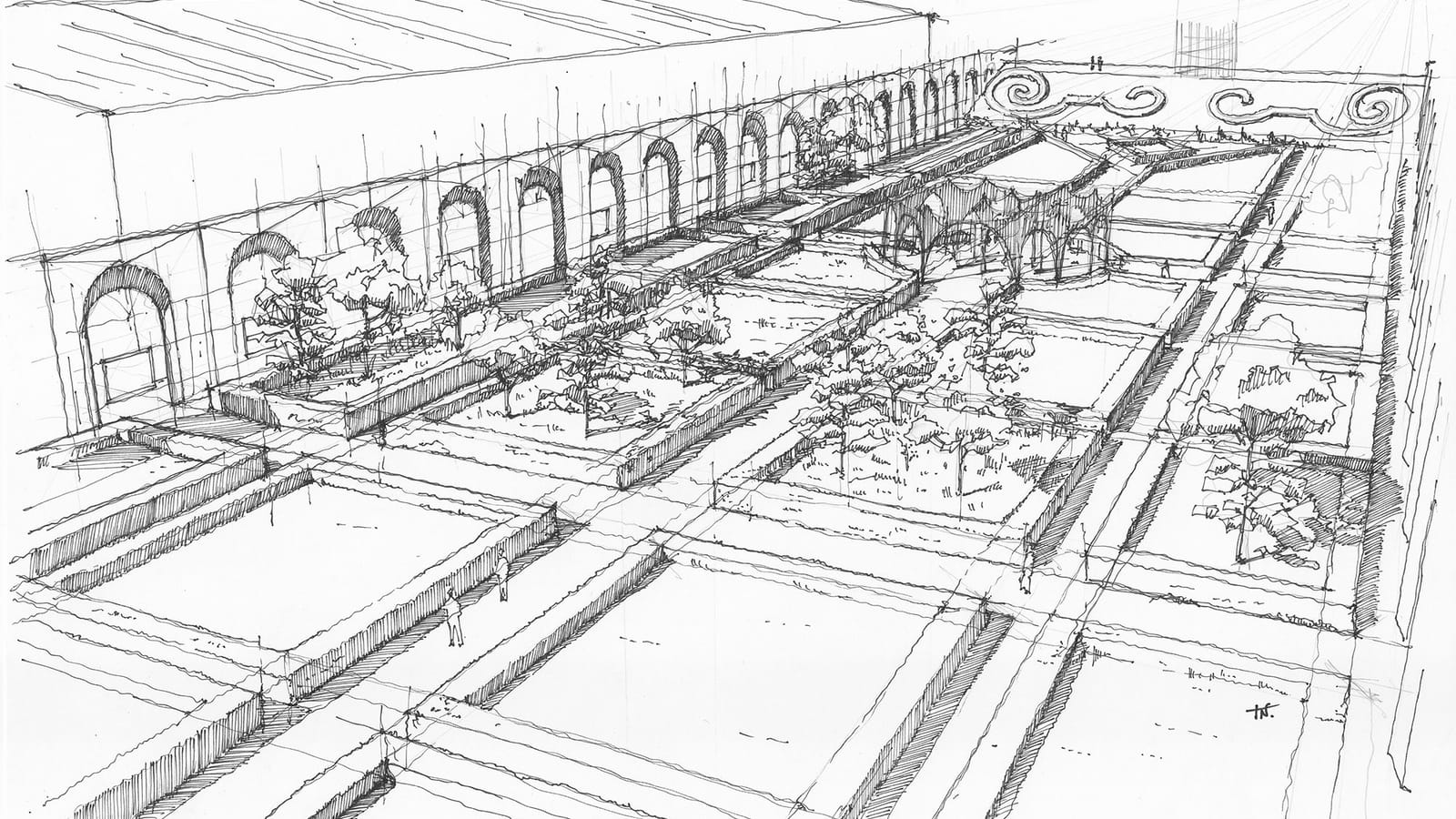 Dessin en perspective d'un jardin paysager aménagé le long d'un bâtiment à arcades, pour un projet d'architecture, Georgian WS en Géorgie