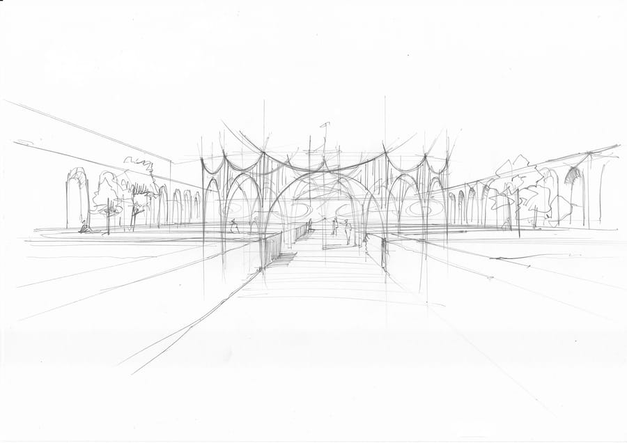 Esquisse architecturale au crayon représentant une structure centrale voûtée avec une allée en perspective entre des bâtiments et des arbres