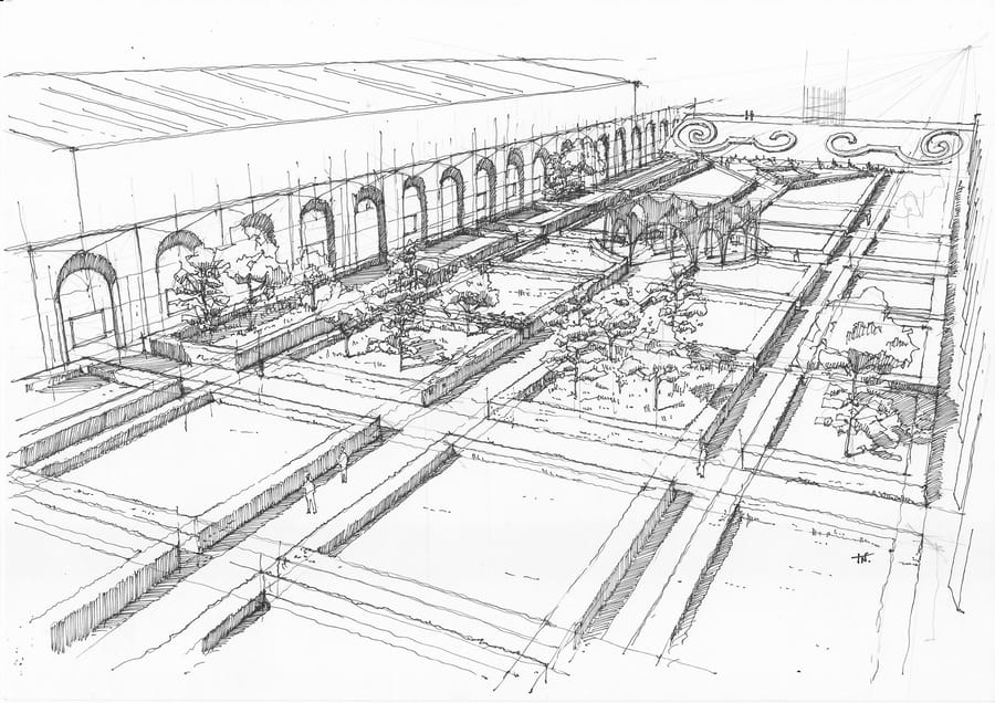 Perspective architecturale d'un bâtiment à arcades surplombant une cour aménagée en jardins géométriques et bassins