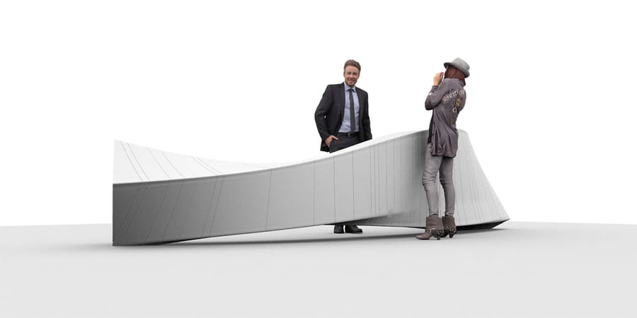 Banque d'accueil design aux lignes ondulées, représentée en modélisation 3D avec deux personnages