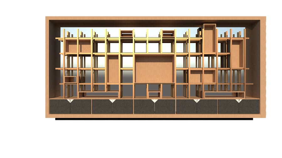 Bibliothèque sur mesure en bois au design géométrique et rangements intégrés, créée pour un aménagement d'intérieur, Hôtel Agassac à Ludon-Médoc