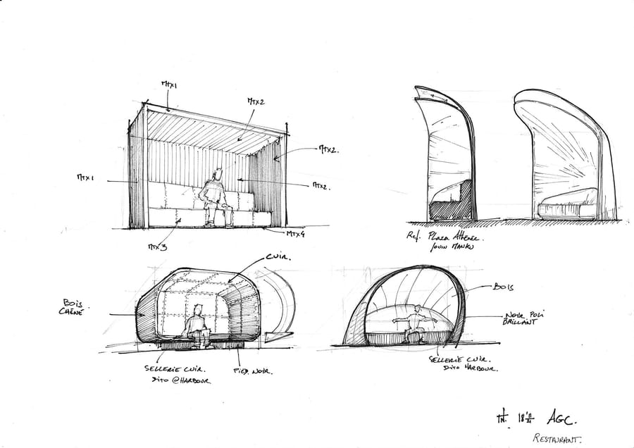 Croquis annotés de différents concepts de banquettes et alcôves en bois et cuir pour l'aménagement d'un restaurant, Hôtel Agassac à Ludon-Médoc