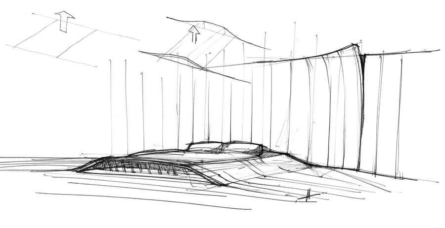 Croquis d'architecture au crayon dessinant l'agencement d'une chambre au lit intégré dans une structure basse, Hôtel Agassac à Ludon-Médoc