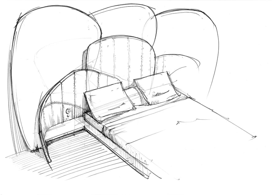 Croquis au crayon d'un lit double avec une grande tête de lit courbée pour l'agencement d'une chambre à l'Hôtel Agassac